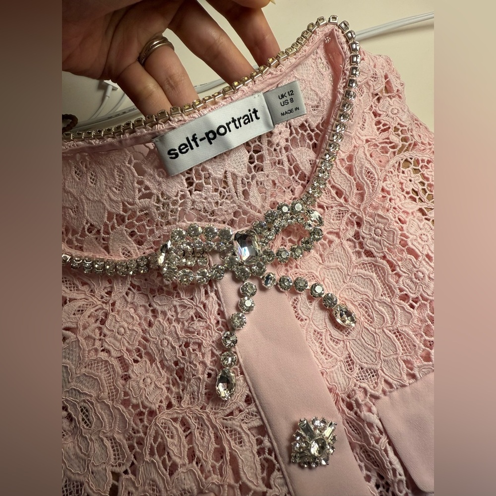 Self-Portrait PINK LACE DIAMANTE BOW MIDI DRESS Size 8 NWT. - Picture 6 of 7